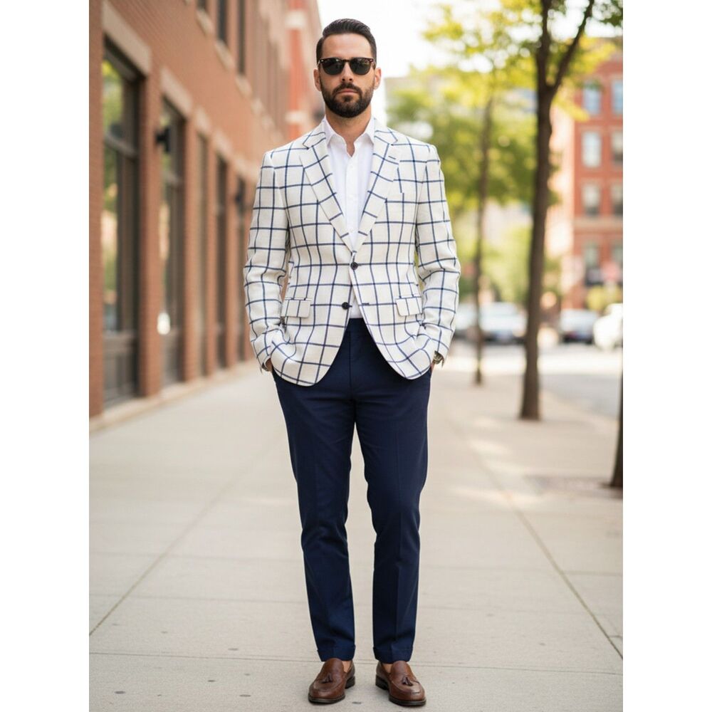 Vercini Men's White & Blue Plaid 2-Button Blazer Jacket - Size 62